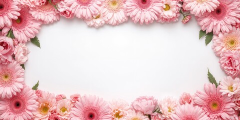 Fototapeta premium Pink flower frame on white background designed for Valentine's Day, floral pattern for holiday-themed layouts