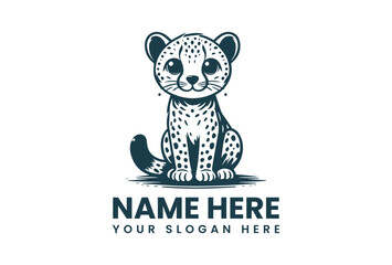 A vector illustration of a cute leopard with a customizable name and slogan on a white background, featuring a bold logo design.