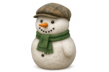 Cute felt snowman wearing plaid cap and green scarf, symbolising winter holidays and christmas joy, transparent background