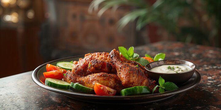 Middle Eastern style grilled chicken seasoned with Bezar spices, cooked over charcoal for flavor