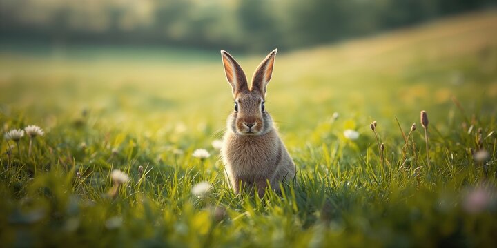 Young wild rabbit in a grassy area at Forest Farm Nature Reserve, Cardiff, South Wales, UK, highlighting wildlife conservation