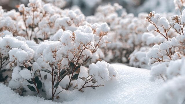 Close-up of shrub branches covered in fluffy white snow and ice crystals on a bright, cold winter day. Beautiful natural texture and seasonal background featuring frozen buds. - Powered by Adobe