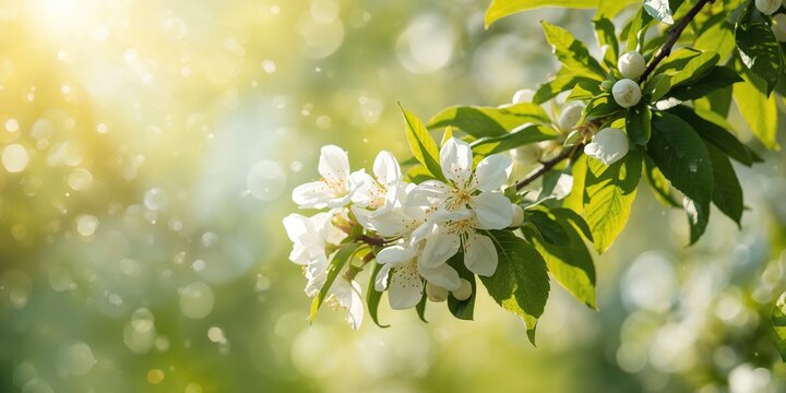 Orange tree in bloom with citrus white flowers in a blurred sunny spring background, ideal for floral design backgrounds