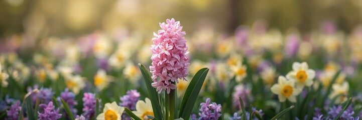Obraz premium Pink hyacinth surrounded by blooming hyacinths and daffodils in a garden, seasonal floral display, Earth Day