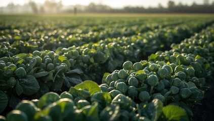 Fototapeta premium Brussels sprouts crop in a rural setting, highlighting sustainable farming methods
