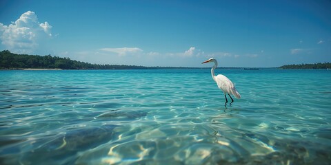 Fototapeta premium Small white egrets and painted storks resting in a turquoise lake, highlighting wetland conservation themes, World Wetlands Day
