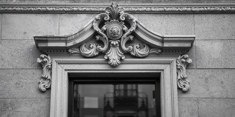 Black and white street scene featuring architectural moldings and cornices in Catalonia, urban preservation day