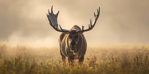 Fototapeta premium Close up portrait of a wild adult moose standing in a field during early summer morning in Northern Norway, natural habitat