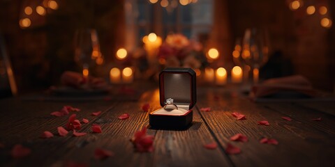 Close-up of a ring box with an engagement ring, emphasizing bridal jewelry display, marriage proposal, wedding preparations