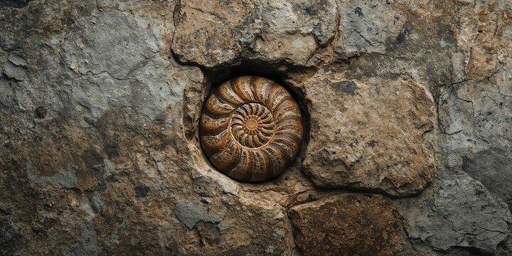 Limestone surface with embedded ammonite shells, used as an editorial header background, Earth Day