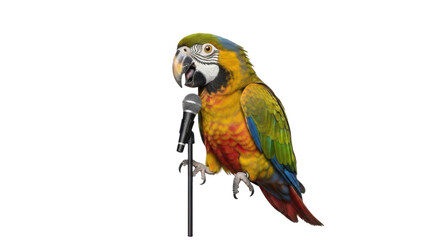 Obraz premium Funny Colorful Macaw Parrot Speaking or Singing into a Studio Microphone isolated PNG with Transparent Background