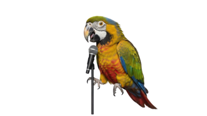 Funny Colorful Macaw Parrot Speaking or Singing into a Studio Microphone isolated PNG with Transparent Background