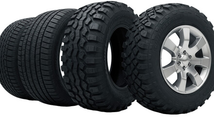 three hyperdetailed black vulcanized rubber car tires (all-season, mud-terrain, touring) on alloy rims, isolated on pristine white for copy space. concept for automotive advertising