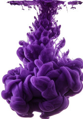 volumetric ultraviolet purple liquid ink dispersion forming ethereal tendrils, swirling dynamically in water, macro shot against a clean white background. concept of abstract fluid dynamics