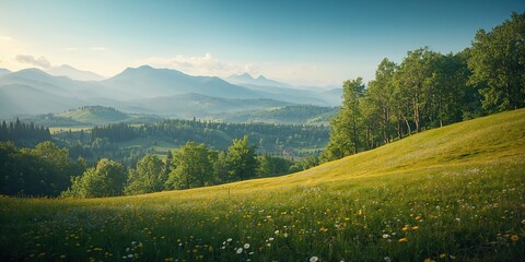 Fototapeta premium Lush rural landscape with summer mountains in the Beskydy hills, highlighting ecological conservation