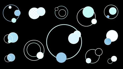 Cosmic dance of abstract light blue and white circles and spheres on a dark field