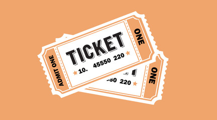 Two vintage style admission tickets for an event, featuring text like ticket and admit one, set against a solid orange background