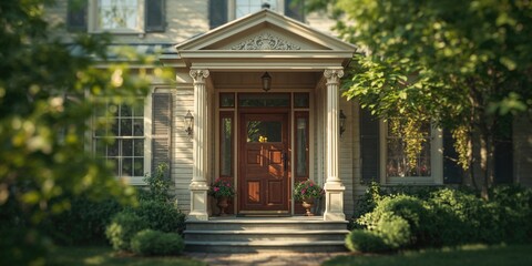 Fototapeta premium Old-fashioned home featuring a portico and decorative wooden door, ideal for heritage building layouts