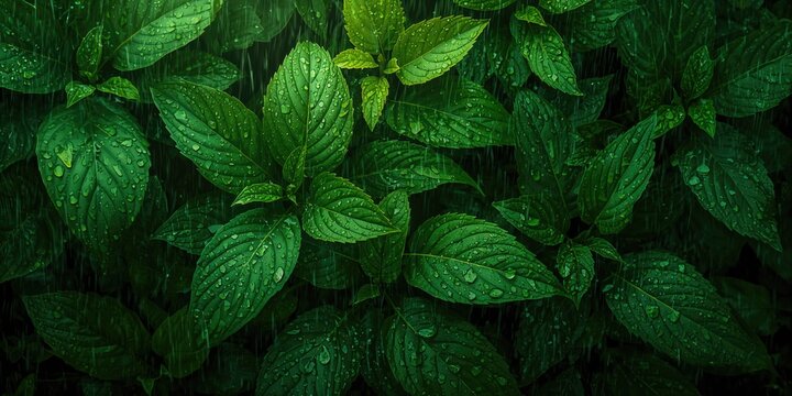 Wet green leaves with water droplets, natural freshness, suitable for environmental awareness days - Powered by Adobe