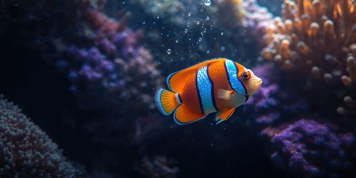 Colorful flame angelfish swimming among coral, reef ecosystem diversity