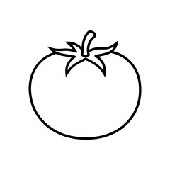 A simple line drawing of a tomato with a stem and leaves, designed in black and white