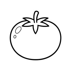 A black and white illustration of a tomato with a shine detail, showing the spherical shape and stem.