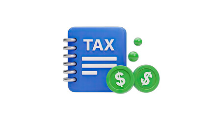 Blue Tax Book with Green Coins and Bubbles on Transparent Background 3D Render