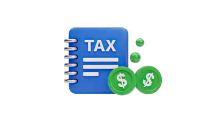Blue Tax Book with Green Coins and Bubbles on Transparent Background 3D Render