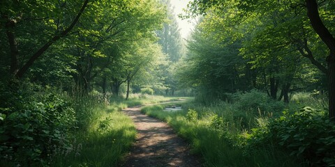 Naklejka premium A trail meanders among vibrant leafy trees in a natural environment for recreation