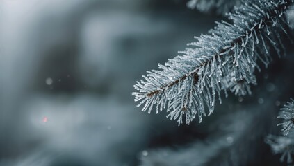 Frozen needle tips on a branch in macro detail, highlighting seasonal preservation and cold climate