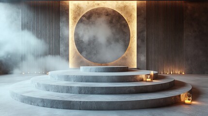 A futuristic concrete podium stage with a glowing circle and mystical fog
