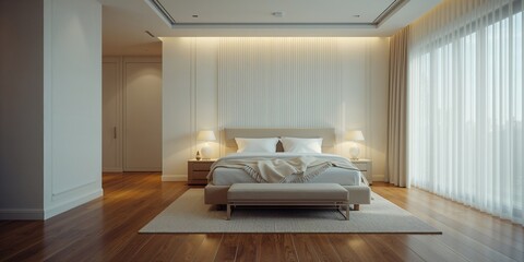 Fototapeta premium Main bedroom with white walls and wooden flooring, focusing on bed placement and furniture arrangement for home decor