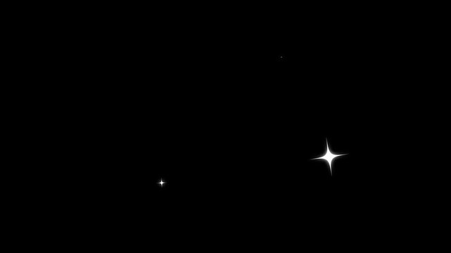 Shimmering twinkle stars animation with sparkling flare glows, cute white cartoon star flashes, glitter dust trails and cosmic night sky twinkle elements over clean black screen in 4K resolution.