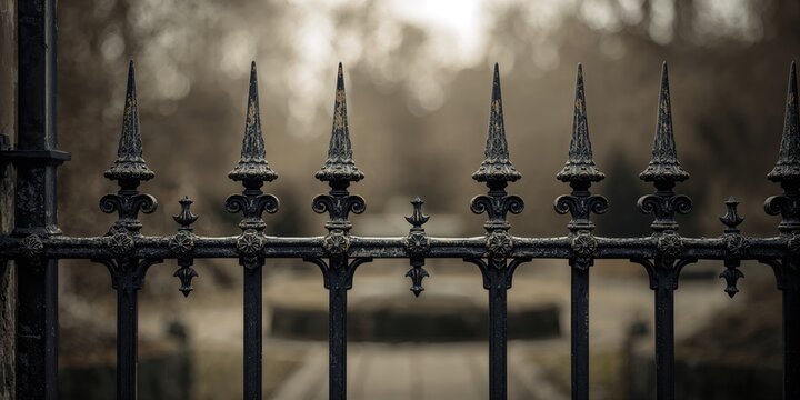 Close-up of vintage wrought iron gate spikes detailed craftsmanship, used as architectural security feature