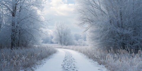 Naklejka premium Winter landscape with a winding snow trail amid frosted trees and grasses, highlighting seasonal change