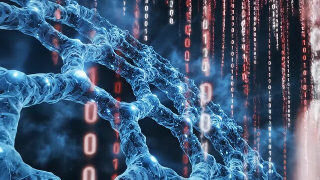 Abstract representation of dna helix structure intertwined with falling digital binary code data stream in dark space