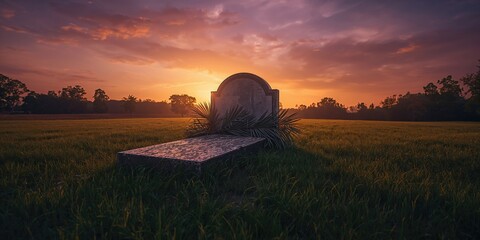 Fototapeta premium Palm Sunday scene with a tombstone and palm leaves set against a meadow sunset, seasonal reflection