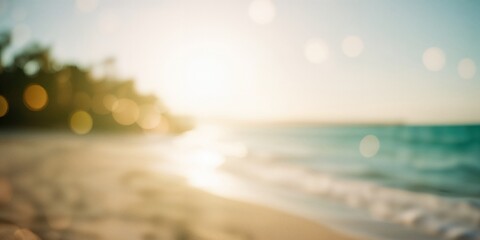 Sunlight casting bokeh effects over a soft green and yellow backdrop during a beach sunrise, highlighting light diffusion