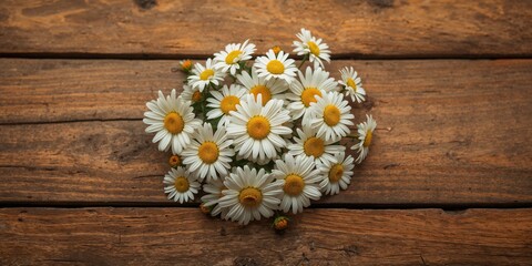 Obraz premium Chamomile flowers arranged on a wooden surface serving as a calming background for herbal tea preparation