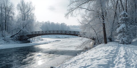 Naklejka premium Bridge in German during winter with snow, urban infrastructure under seasonal snowfall