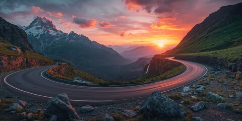 Naklejka premium Evening light shines on stones at Klausen Pass with mountain range in the distance, outdoor scenery, seasonal change