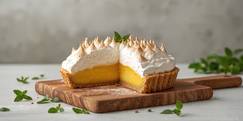Lemon meringue pie on cutting board, dessert presentation for a bakery menu