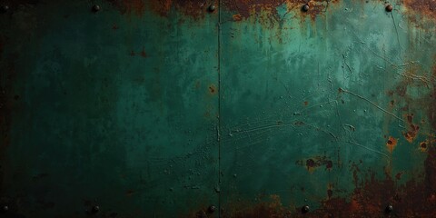 Old green rusty metal plate background texture used for industrial design or safety signage, corrosion and material durability