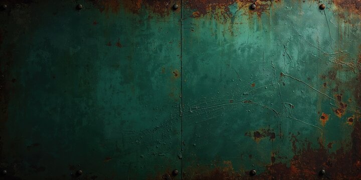 Old green rusty metal plate background texture used for industrial design or safety signage, corrosion and material durability