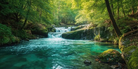 Naklejka premium Mossy rocks and flowing water in a forest stream, ideal for landscape layout