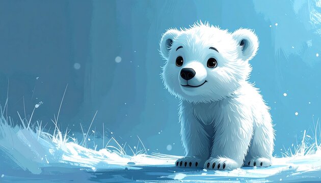 niedlicher kleiner Eisb&auml;r vor einem blauen Hintergrund mit Platz f&uuml;r eigenen Text