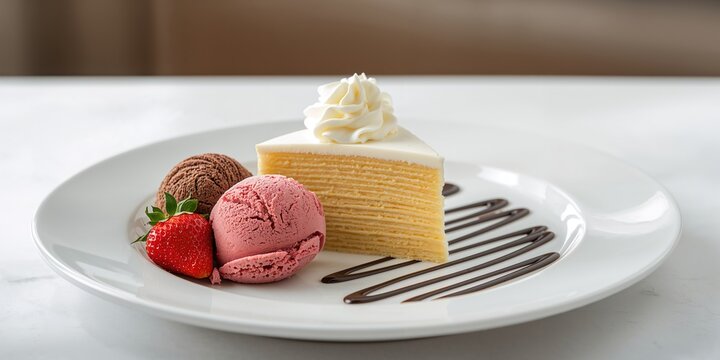 Layered vanilla crepe cake with fresh strawberry and chocolate ice cream, ideal for sweet course - Powered by Adobe