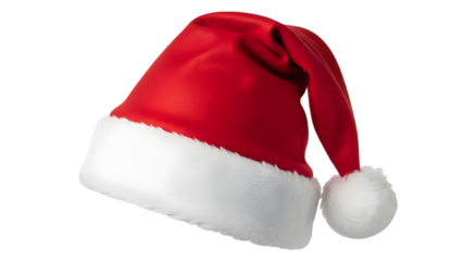 A red santa hat with white trim and pom pom isolated on transparent background for holiday and festive themes