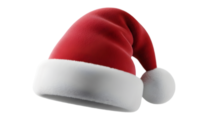 A red santa claus hat with white trim isolated on transparent background for holiday decoration
