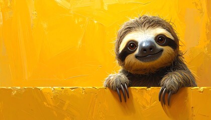 Naklejka premium niedliches Faultier schaut über eine Wand - gelber Hintergrund mit Platz für eigenen Text